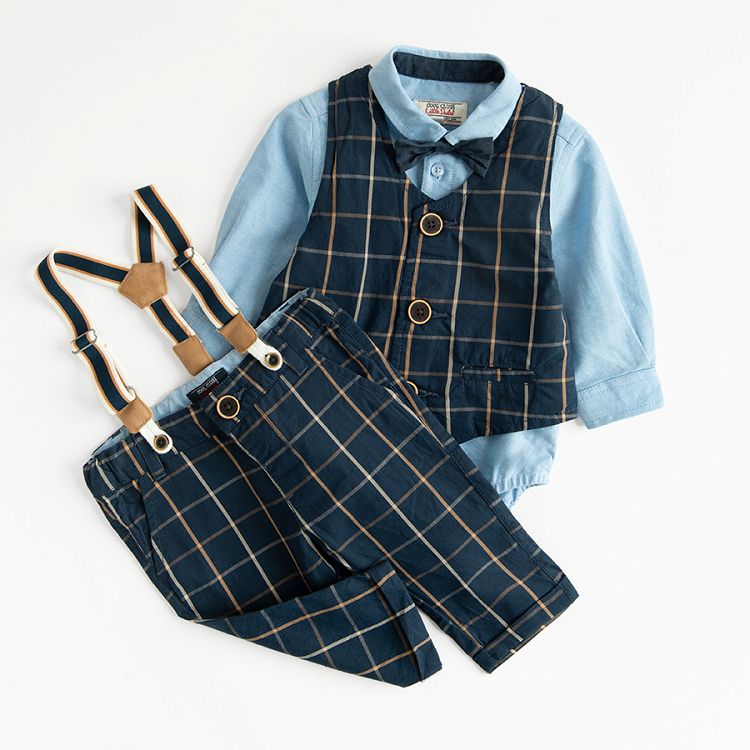 Blue checked pants with suspenders and vest, light blue button down long sleeve bodysuit with bow tie