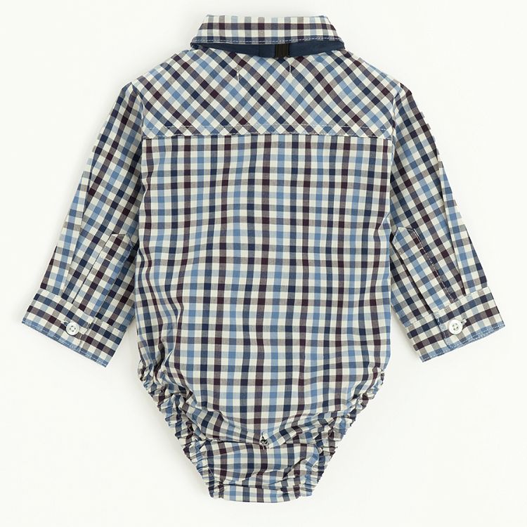 Blue checked long sleeve bodysuit with a blue tie