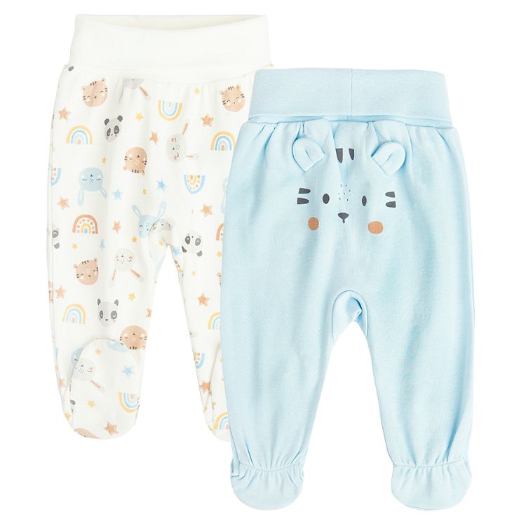 White and blue footed leggings with animals print