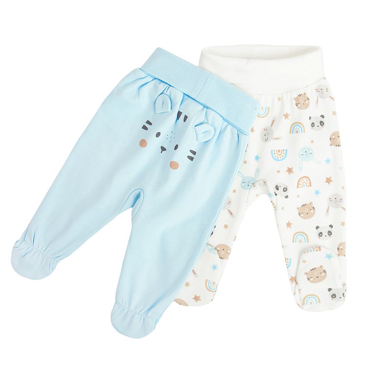 White and blue footed leggings with animals print