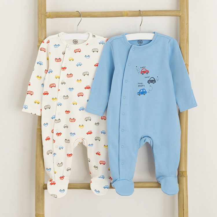 White and blue footed overalls with side zipper and cars print