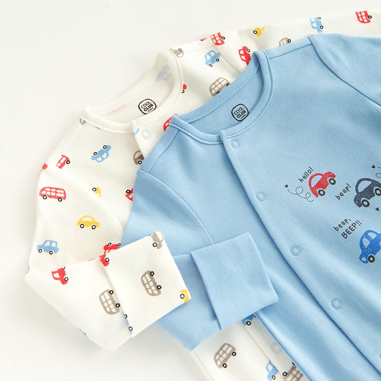 White and blue footed overalls with side zipper and cars print