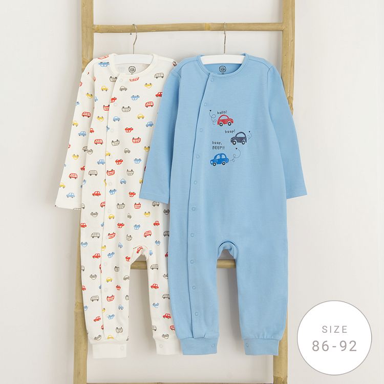 White and blue footed overalls with side zipper and cars print