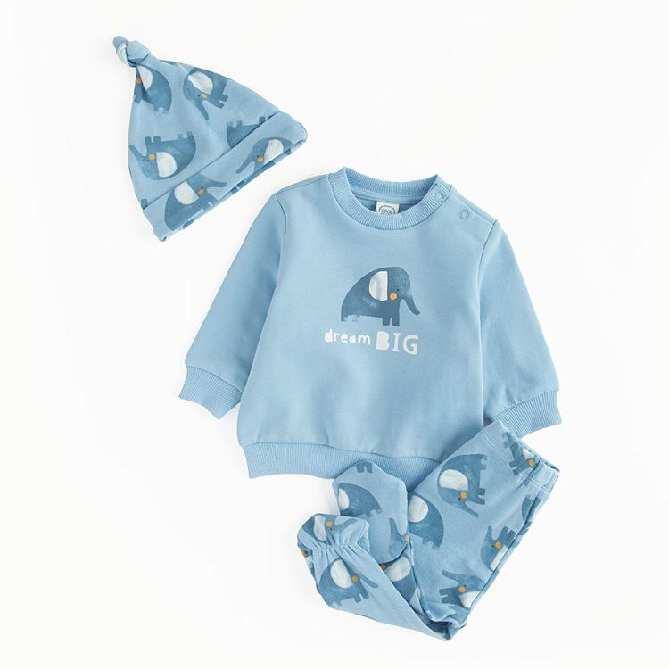 Blue sweatershirt and sweatpants with elepants print and matching cap set- 3 pieces