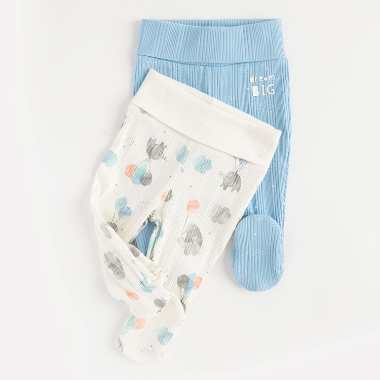 Blue and white with elephants print footed leggings- 2 pack