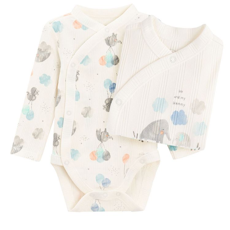 White long sleeve wrap bodysuits with elephants print- 2 pack