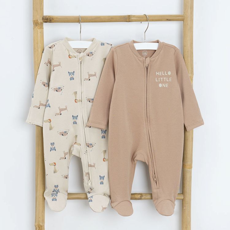 Ecru with animals print and brown footed overalls with side zipper- 2 pack