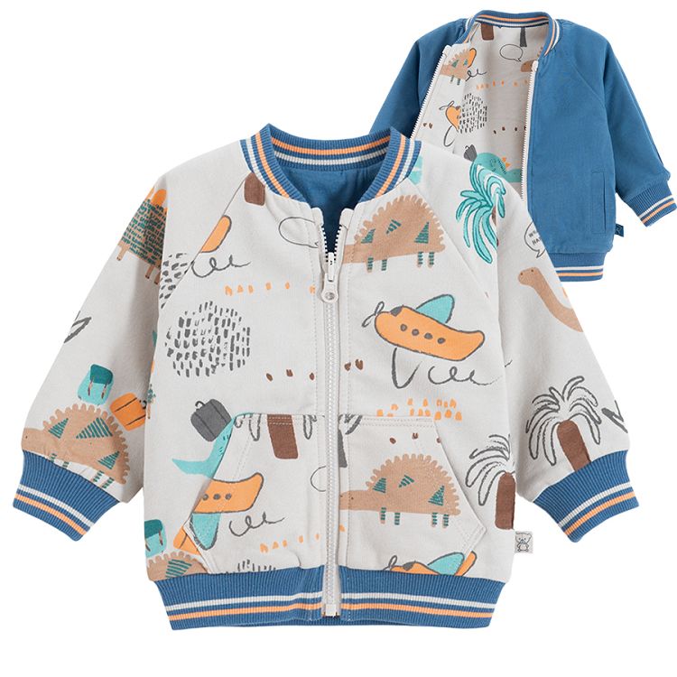 Blue and reversible ecru with dinosaurs print zip through sweatshirt