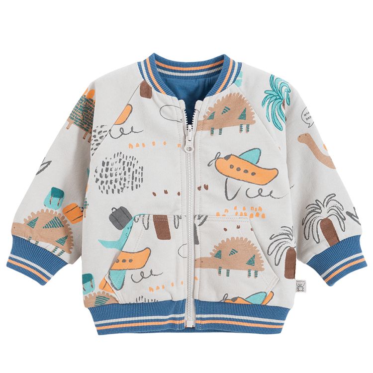 Blue and reversible ecru with dinosaurs print zip through sweatshirt