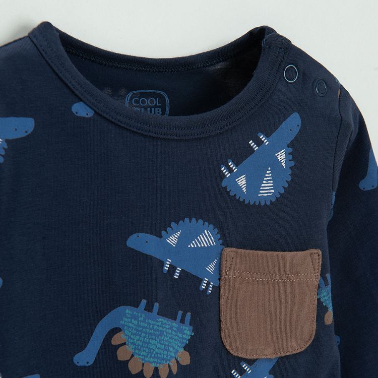 Dark blue long sleeve bodysuit with dinosaurs print