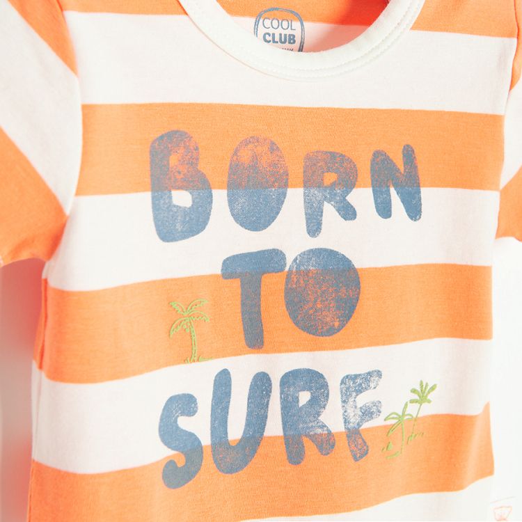 White and orange stripes short sleeve bodysuit with Born to Surf print