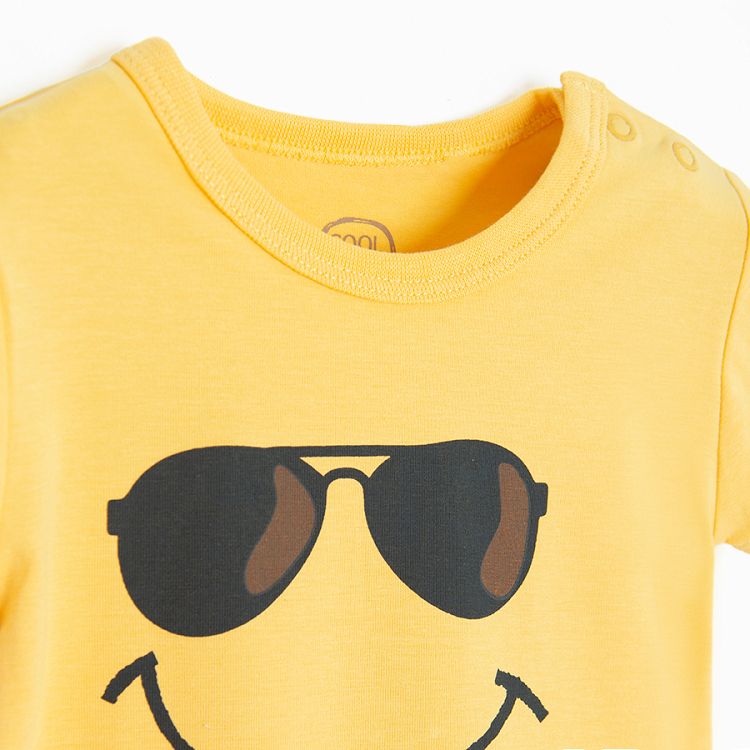 Yellow short sleeve bodysuit with sunglasses and banana HAPPY print