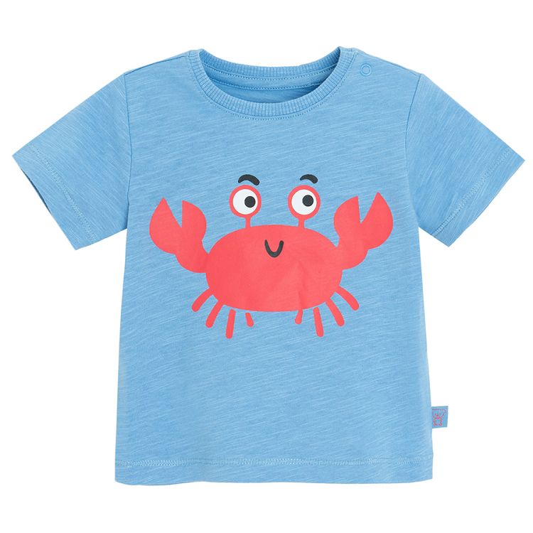 Blue T-shirt with red crab print and beige shorts set- 2 pieces