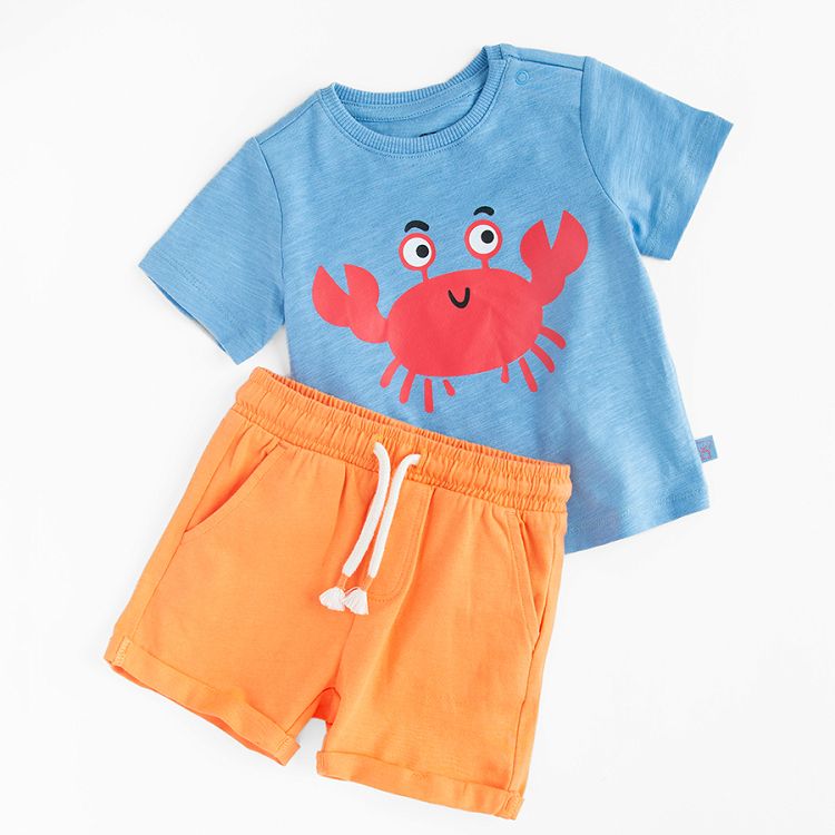 Blue T-shirt with red crab print and beige shorts set- 2 pieces