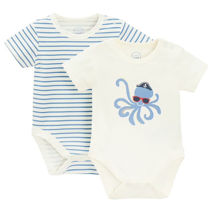 White with octapus with a hat print and striped short sleeve bodysuits- 2 pack