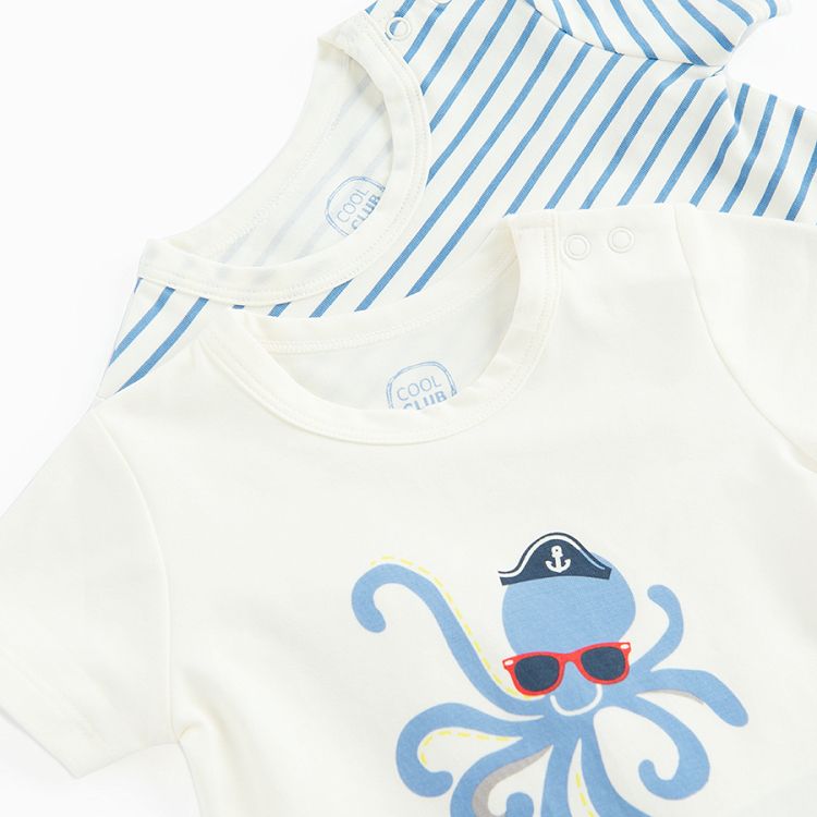 White with octapus with a hat print and striped short sleeve bodysuits- 2 pack