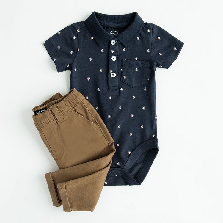 Blue short sleeve Polo bodysuit with brown pants set- 2 pieces