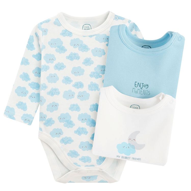 White, light blue and ecru long sleeve bodysuits with moon and clouds print- 3 pack