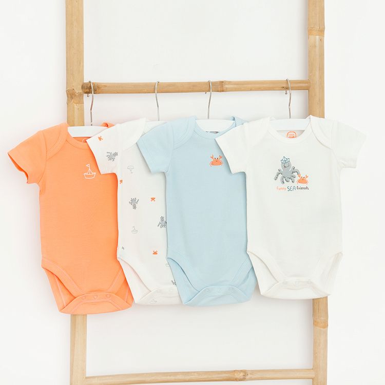 White, orange and light blue short sleeve bodysuits with sea world print- 4 pack