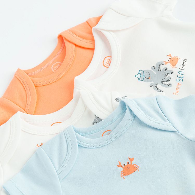 White, orange and light blue short sleeve bodysuits with sea world print- 4 pack