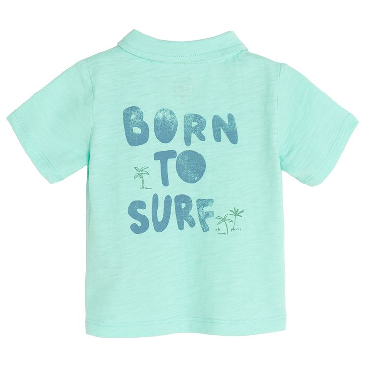 חולצת פולו בצבע טורקיז עם הדפס 'Born to Surf' בגב