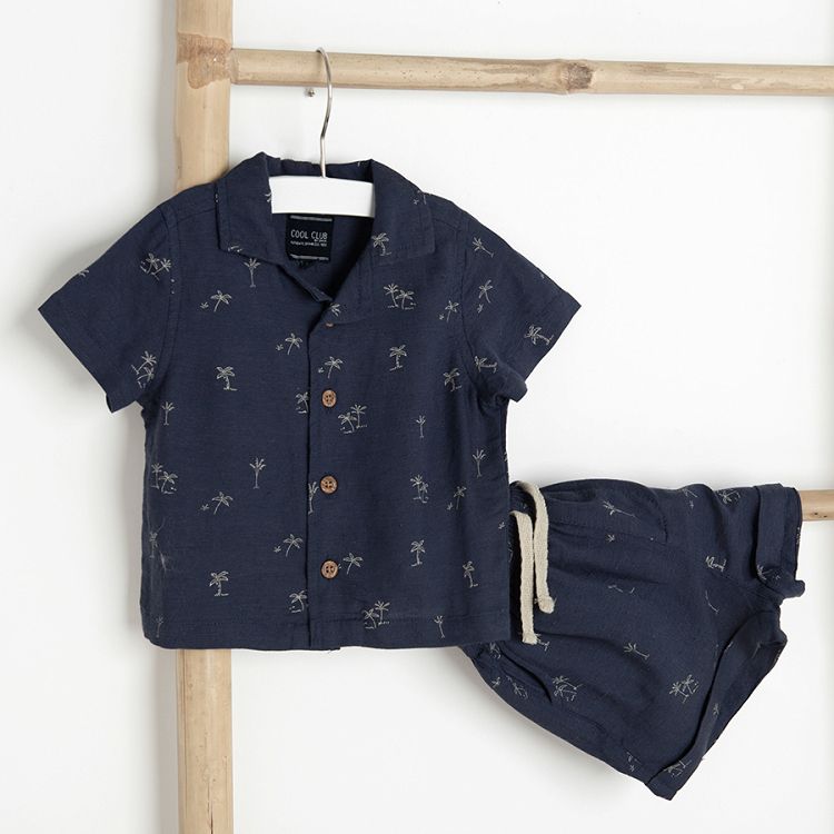 Play set, button down shirt and shorts with small pine trees print- 2 pieces