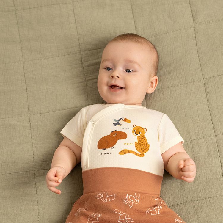 Beige and brown wrap short sleeve bodysuits with jungle animals print