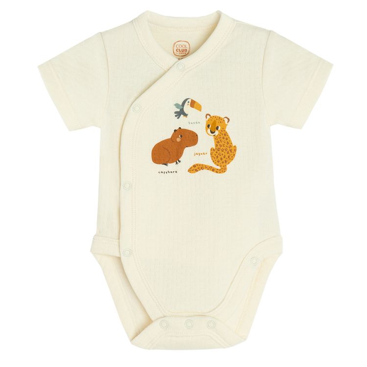 Beige and brown wrap short sleeve bodysuits with jungle animals print