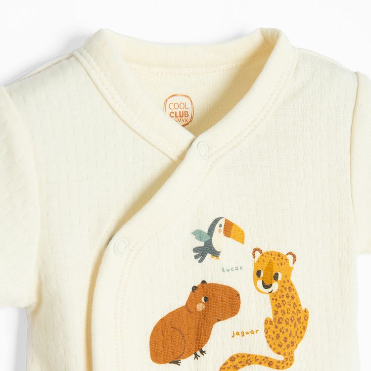 Beige and brown wrap short sleeve bodysuits with jungle animals print