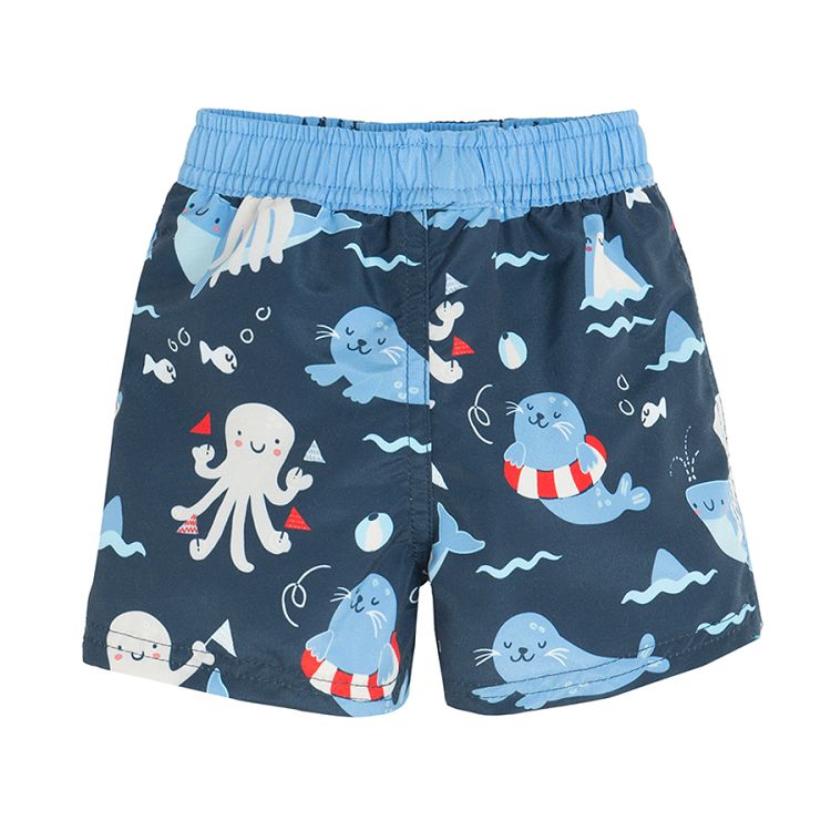 Dark blue swim trunks with sea life print