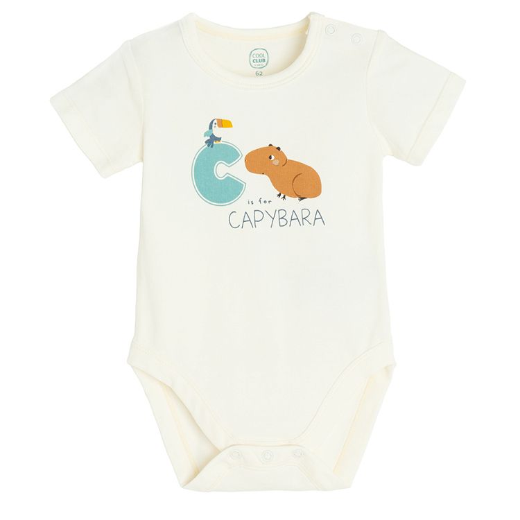 Off white short sleeve bodysuit with C for CAPYBARA print and blue shorts