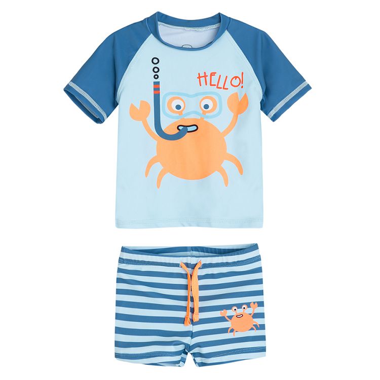 Blue bathing suit set with crab print- short sleeve blouse and trunks- 2 pieces