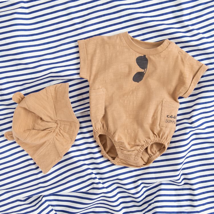 Short sleeve bodysuit with side pockets and sunglasses print and matching hat with bear ears- 2 pieces