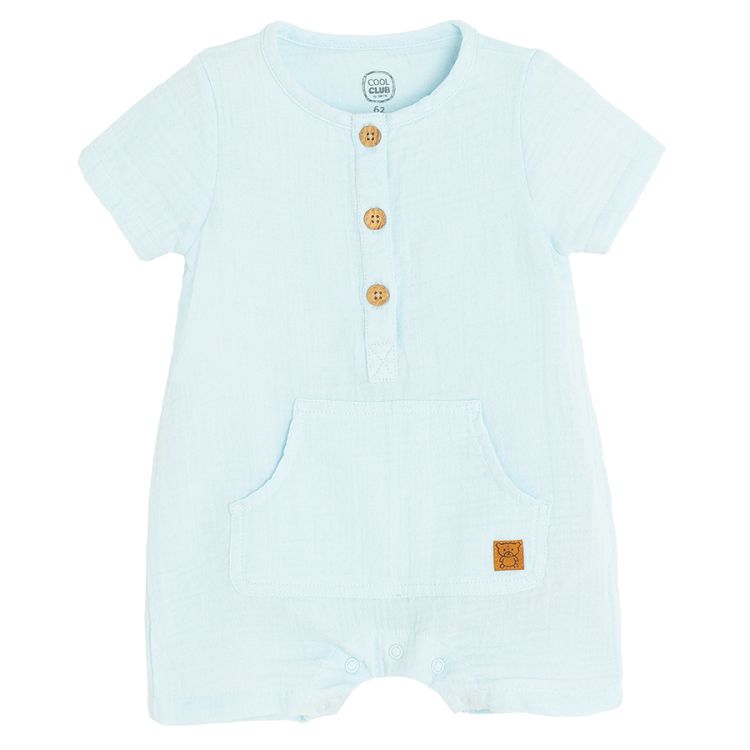 Light blue short sleeve romper with buttons and side pockets