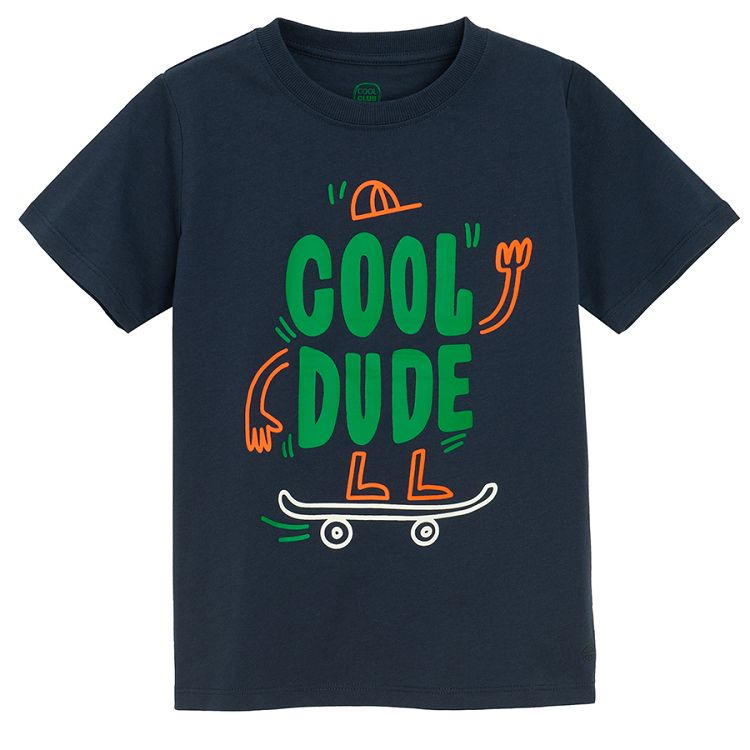 Green, blue COOL Dude on skateboard and white with dinosaur print T-shirts- 3 pack