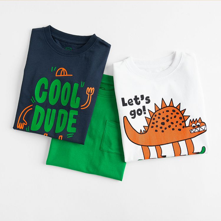 Green, blue COOL Dude on skateboard and white with dinosaur print T-shirts- 3 pack