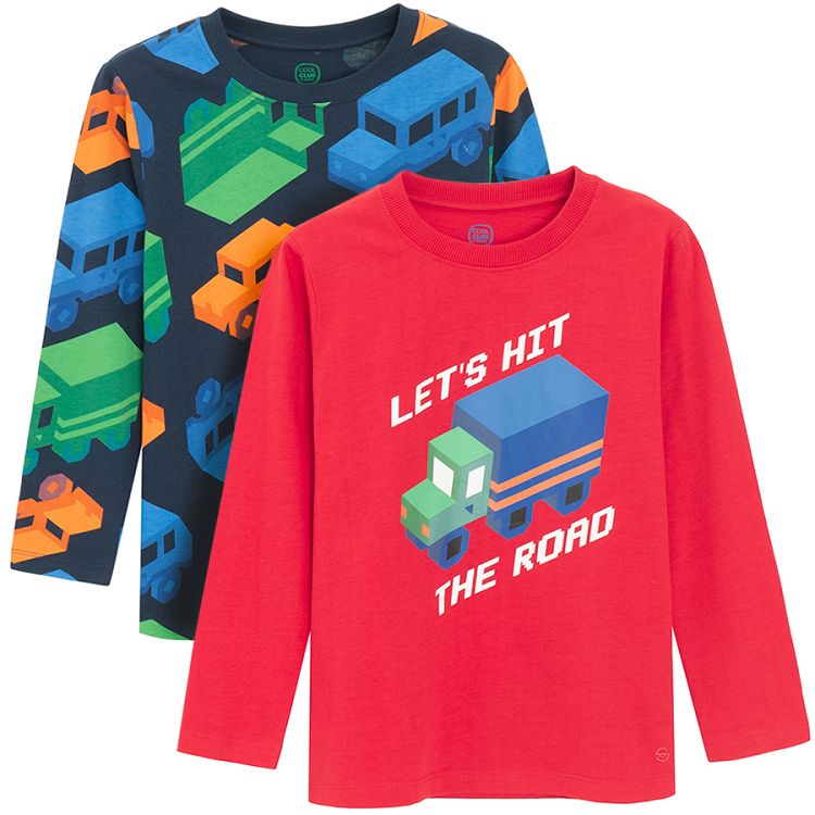 Red and blue long sleeve blouses with trucks pinti- LET'S HIT THE ROAD- 2 pack