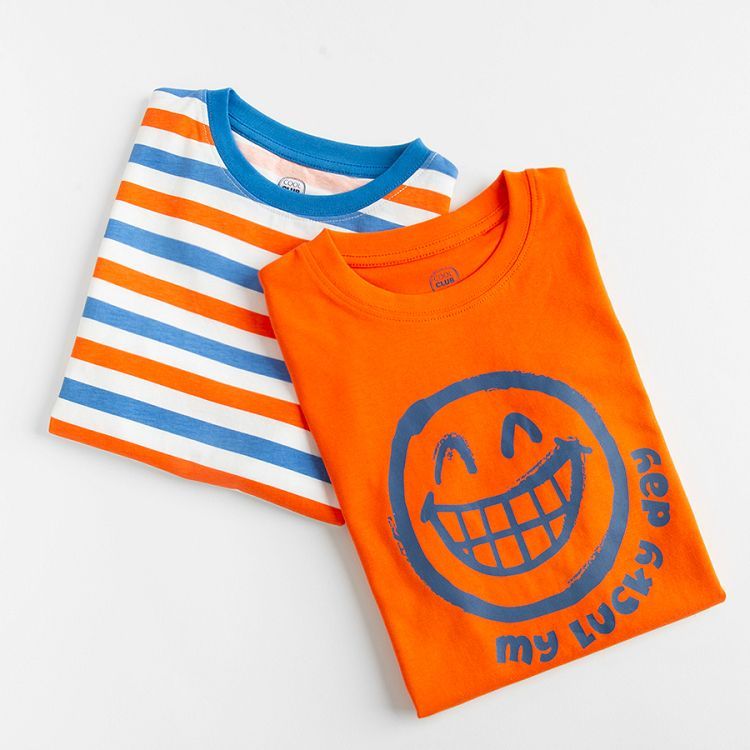 Orange, white, blue stripes and orange with smiley T-shirts- 2 pack