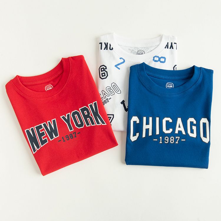 Red New York, blue Chicago, white Brooklyn T-shirts- 3 pack