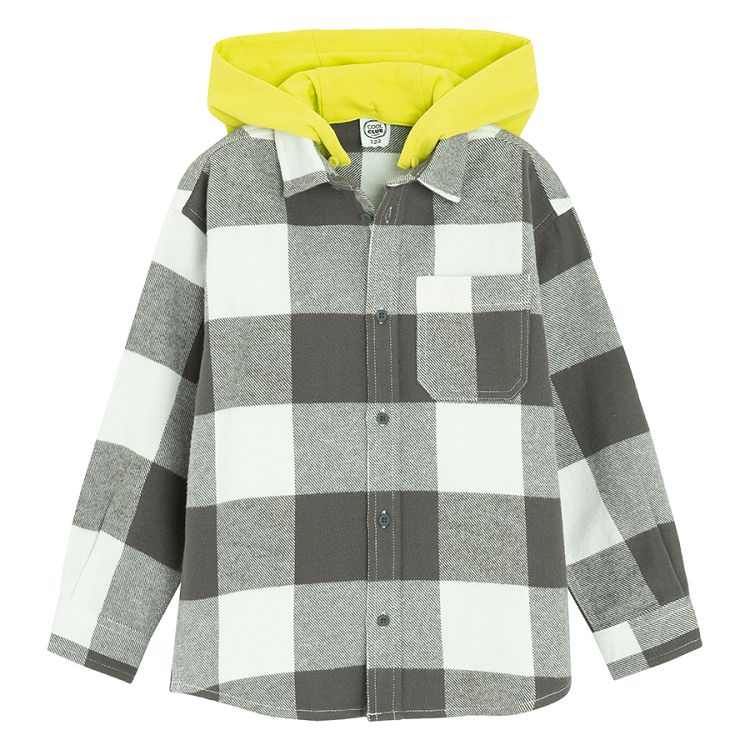 Grey and white checked shirt with fluo hoodie