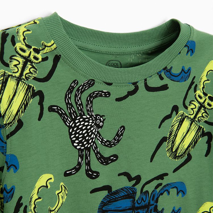 Green T-shirt with beetles and spiders print