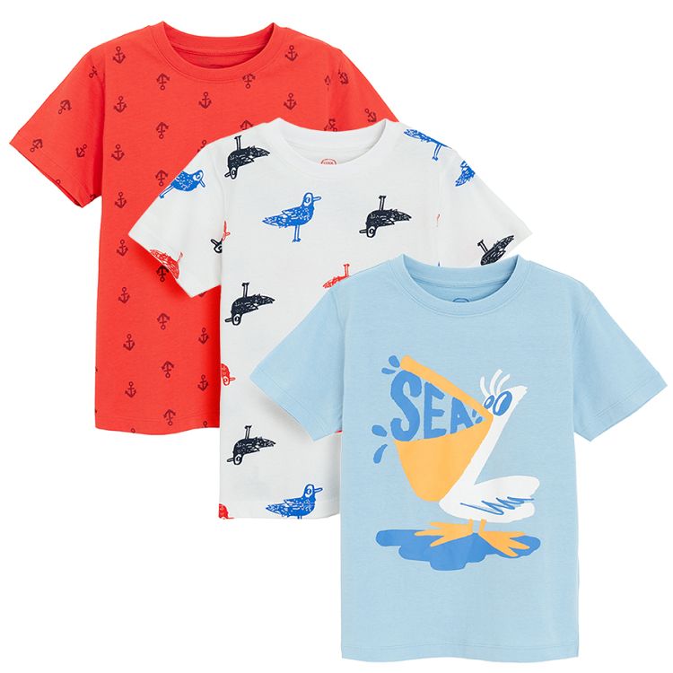 White, red and blue T-shirts with seagulls print