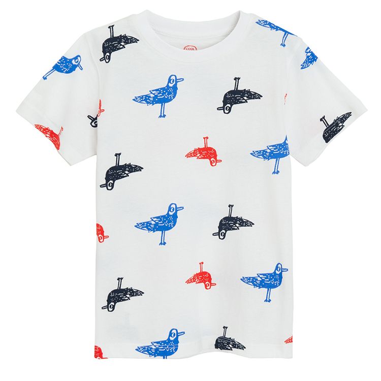 White, red and blue T-shirts with seagulls print