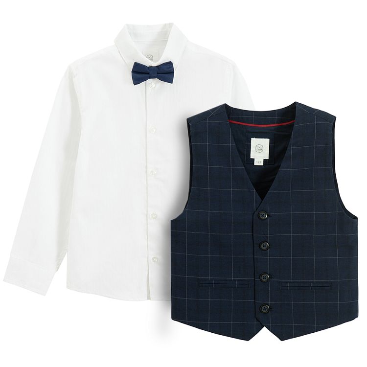 White long sleeve button down shirt, blue bow tie, blue checkered vest- 3 pieces