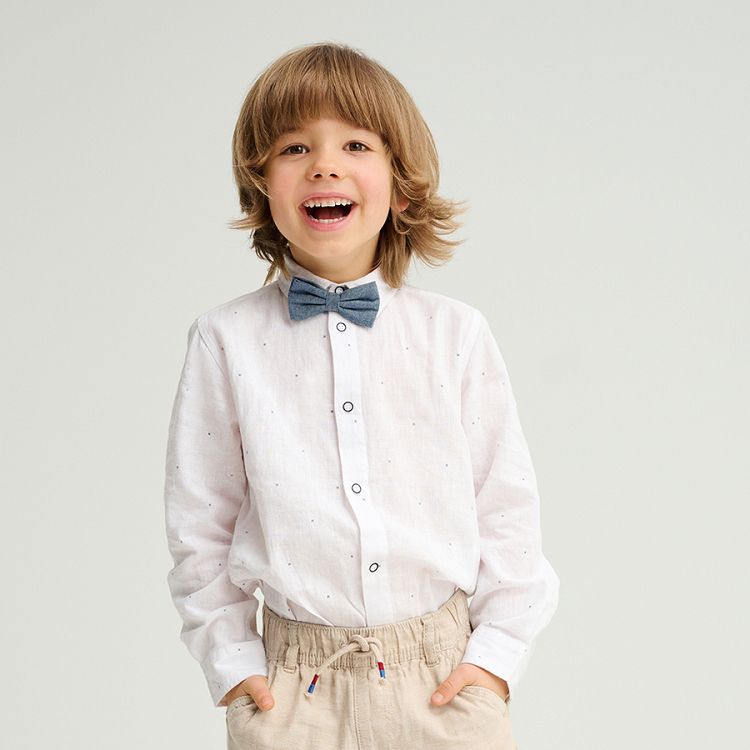 White long sleeve button down shirt with blue bow ties- 2 pieces