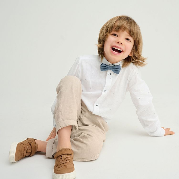 White long sleeve button down shirt with blue bow ties- 2 pieces