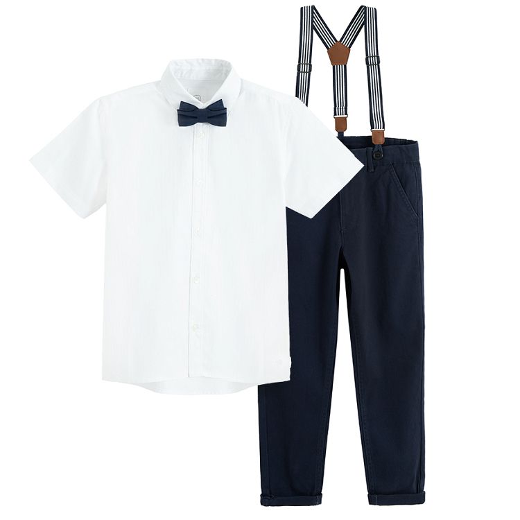 White short sleeve button down shirt with blue bow tie and blue trousers with suspenders- 3 pieces