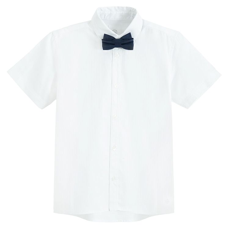 White short sleeve button down shirt with blue bow tie and blue trousers with suspenders- 3 pieces