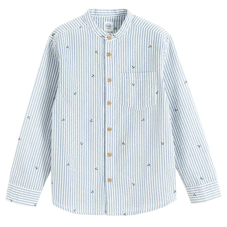 White and blue stripes button down long sleeve shirt with mao collar