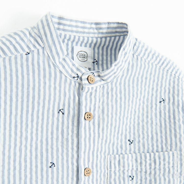 White and blue stripes button down long sleeve shirt with mao collar